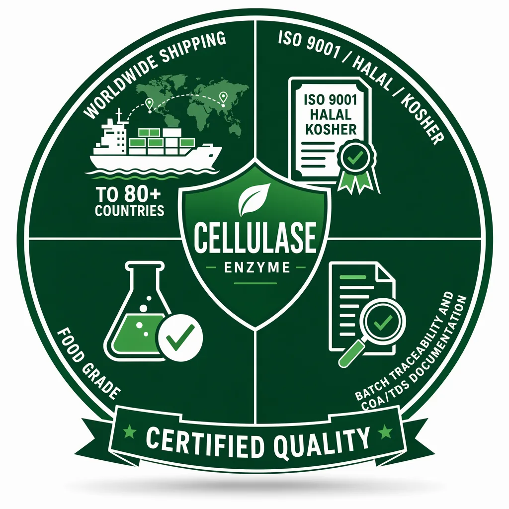 Cellulase quality & certifications badge — ISO 9001, HALAL, KOSHER, Food Grade